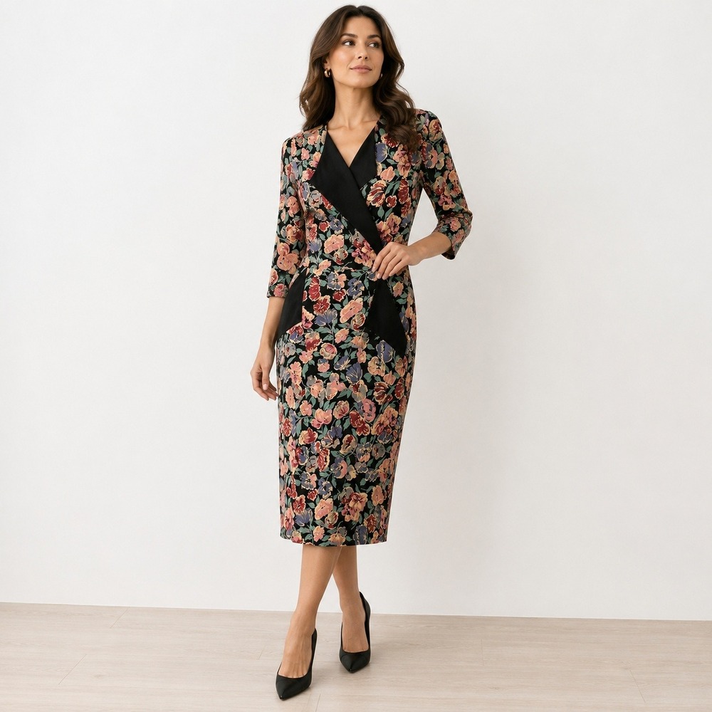 Vintage 90s Floral Faux Wrap‎ Wiggle Midi Dress Pockets Made USA Women Sz 9